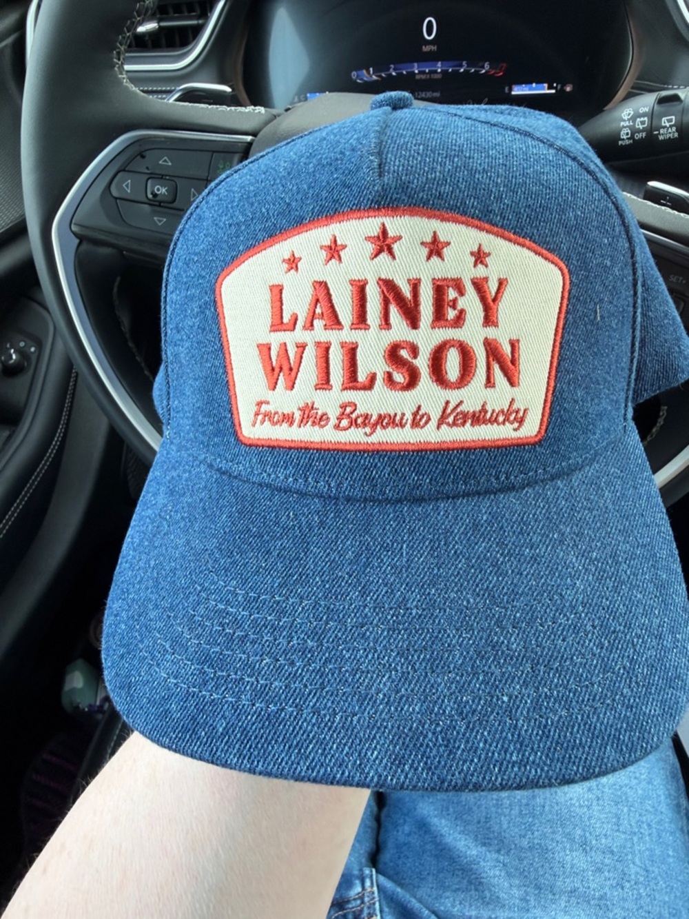 Lainey Wilson- Denim Snapback Hat with Red Horseshoe Patch